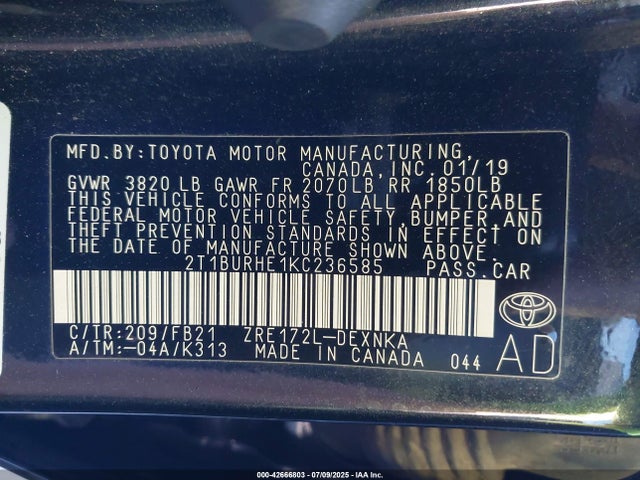2T1BURHE1KC236585 Toyota COROLLA LE