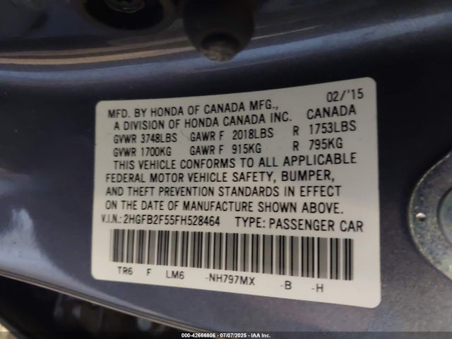 Honda r18z1 2015 2HGFB2F55FH528464 Image 9