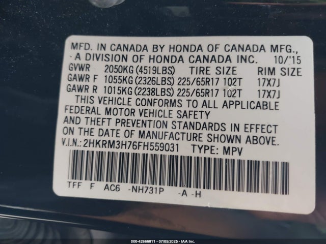 2HKRM3H76FH559031 Honda k24w9
