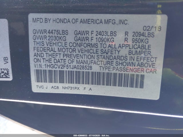 Honda k20c4 2018 1HGCV2F51JA028528 Image 9
