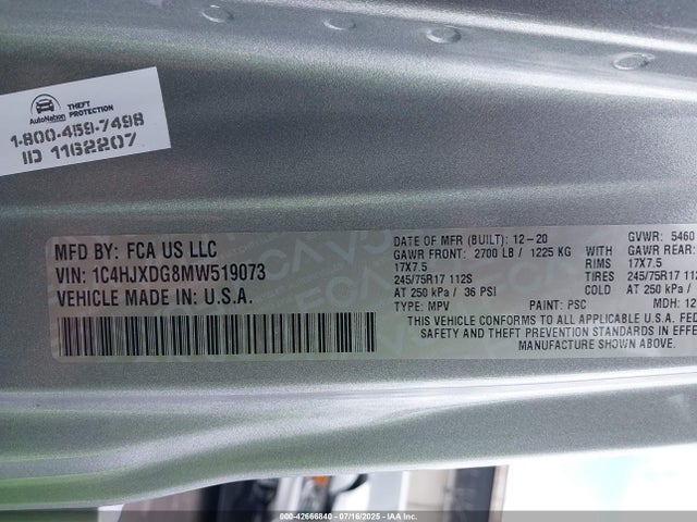 1C4HJXDG8MW519073 Jeep 2021