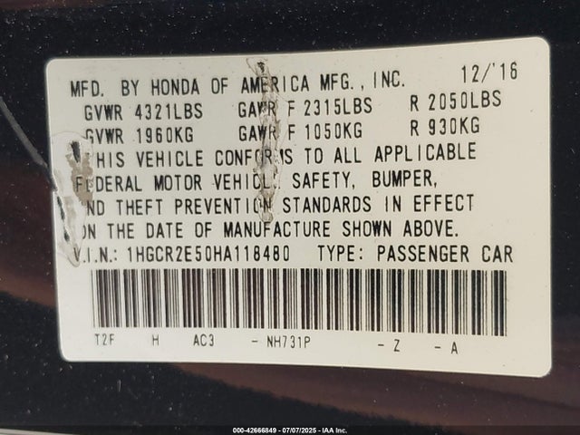 1HGCR2E50HA118480 Honda k24w1
