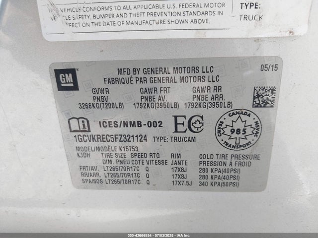 1GCVKREC5FZ321124 Chevrolet l83 - vvt, active fuel management, aluminum