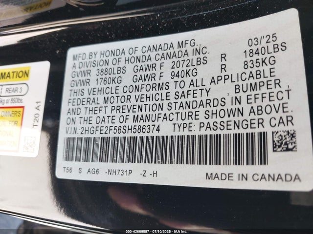 Honda k20c9 2025 2HGFE2F56SH586374 Image 9