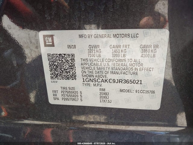 1GNSCAKC9JR365021 Chevrolet l83 - spark ignited direct injection, variable valve timing, afm, e85 max, alum