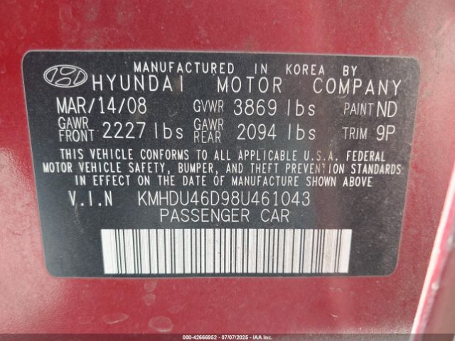 2008 HYUNDAI ELANTRA KMHDU46D98U461043 Photo 8