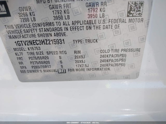 1GTV2NEC3HZ215931 GMC l83 -spark ignited direct injection, variable valve timing, afm, e85 max, alum