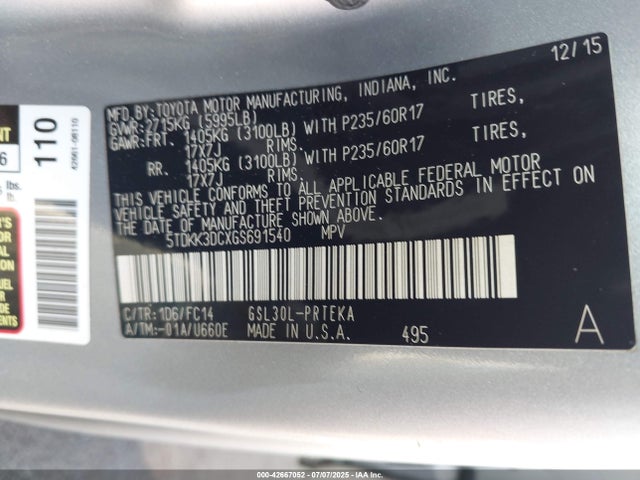 5TDKK3DCXGS691540 Toyota Sienna Le 7 Passenger