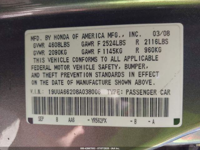 2008 ACURA TL 19UUA66208A038006 Photo 8