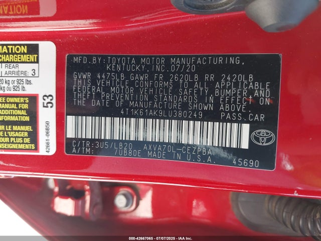 4T1K61AK9LU380249 Toyota a25a-fks