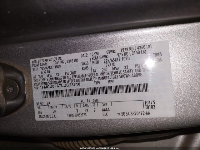 Продажа на аукционе авто 2020 Ford Escape S, vin: 1FMCU0F67LUC23710, номер лота: 42667078