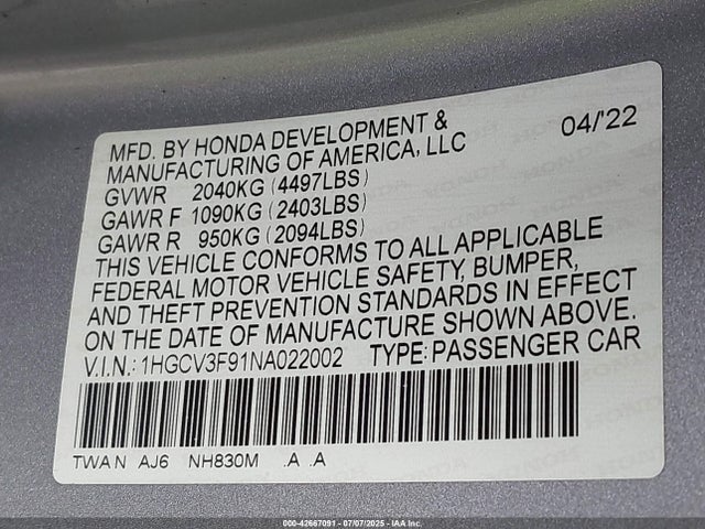 Honda lfb2 2022 1HGCV3F91NA022002 Image 9