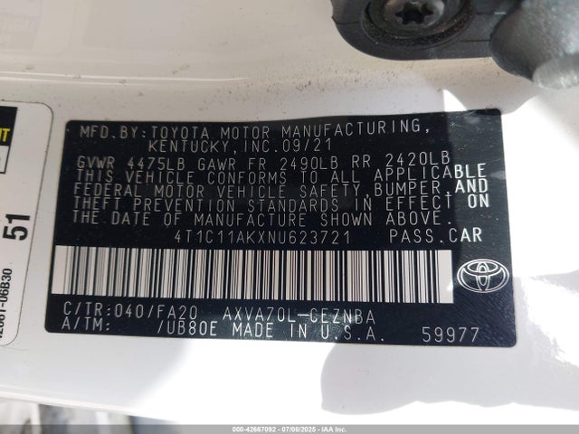 4T1C11AKXNU623721 Toyota a25a-fks