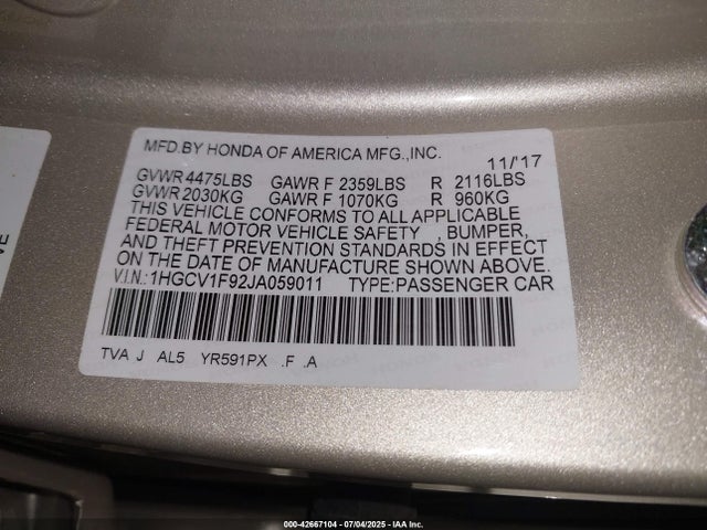 1HGCV1F92JA059011 Honda l15be