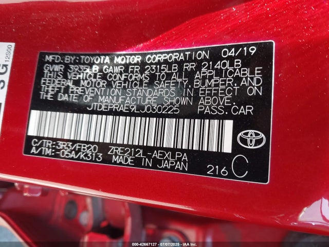 JTDEPRAE9LJ030225 Toyota 2zr-fae