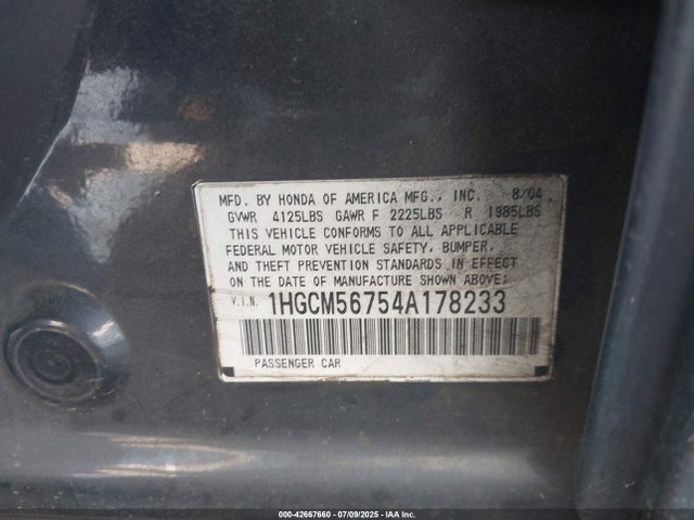42667660 :رقم المزاد ، 1HGCM56754A178233 vin ، 2004 Honda Accord 2.4 Ex مزاد بيع