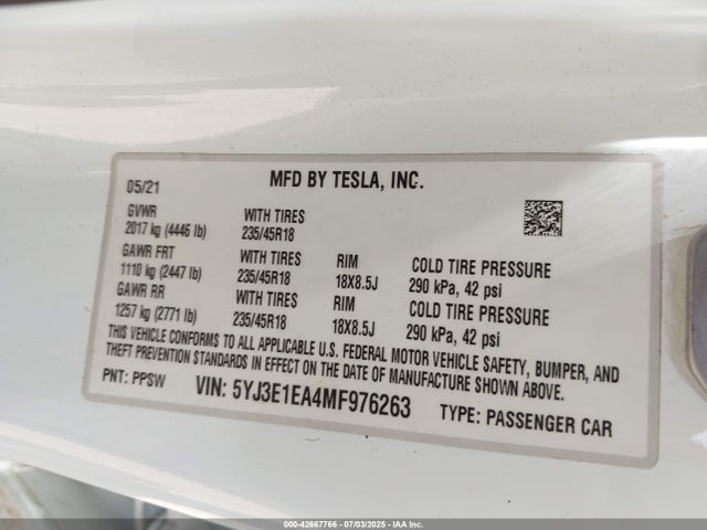 2021 TESLA MODEL 3 5YJ3E1EA4MF976263 Photo 8