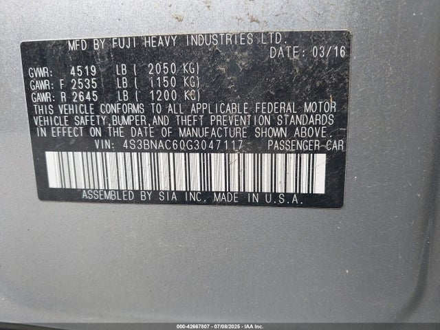 4S3BNAC60G3047117 Subaru 2.5l u5