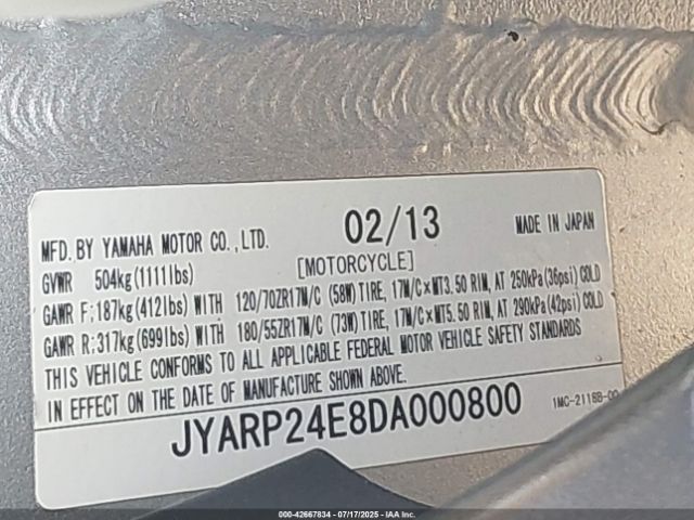 2013 YAMAHA FJR1300 JYARP24E8DA000800 Photo 9
