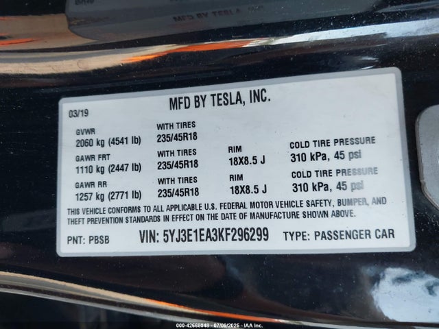 2019 TESLA MODEL 3 5YJ3E1EA3KF296299 Photo 8