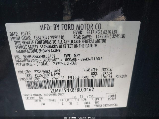 Продаж на аукціоні авто 2015 Lincoln Mkt Livery, vin: 2LMHJ5NK8FBL03462, номер лоту: 42668301