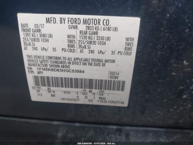 2017 FORD EXPLORER 1FM5K8D83HGC53584 Photo 8