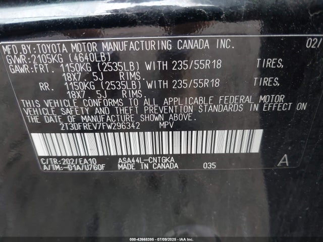 Toyota 2ar-fe 2015 2T3DFREV7FW296342 Image 9