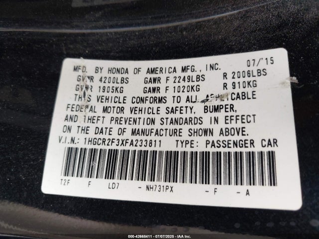 Honda k24w1 2015 1HGCR2F3XFA233811 Image 9