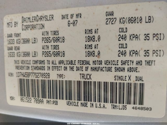 2007 DODGE DAKOTA 1D7HW58P77S270928 Photo 8