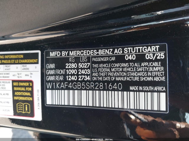 Aukcja sprzedaży 2025 Mercedes-benz C 300, vin: W1KAF4GB5SR281640, numer aukcji: 42668491