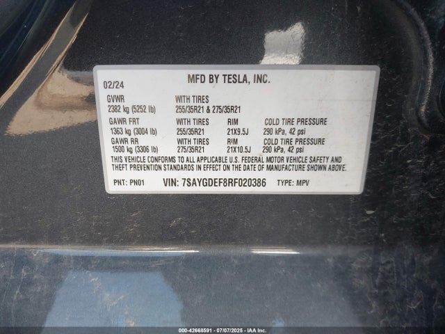 7SAYGDEF8RF020386 Tesla Model Y