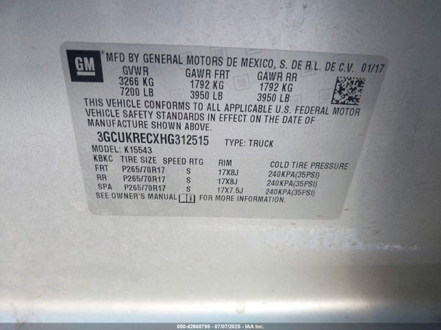 3GCUKRECXHG312515 Chevrolet l83 - sidi: spark ignited direct injection, vvt: variable valve timing, afm, e85 max, alum