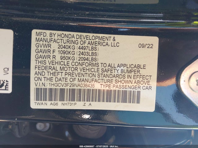 1HGCV3F29NA038435 Honda lfb2
