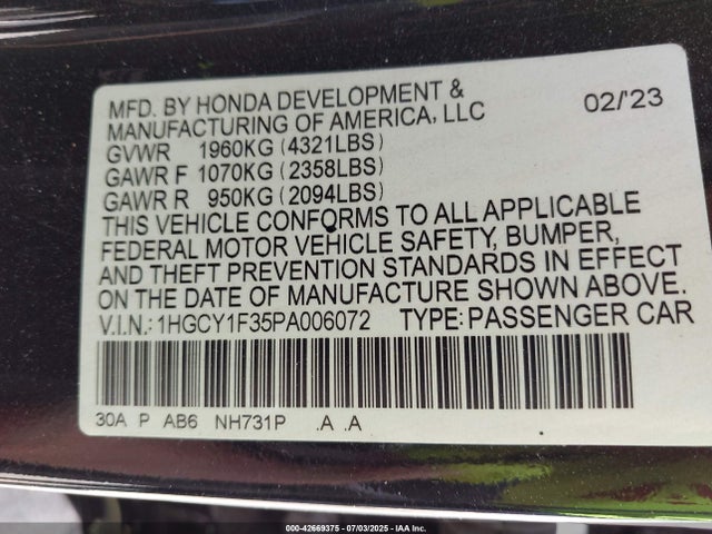 1HGCY1F35PA006072 Honda l15be