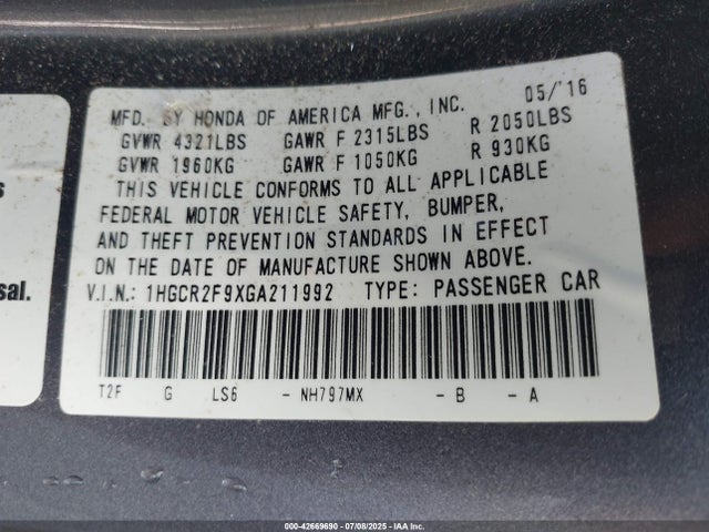 1HGCR2F9XGA211992 Honda k24w1