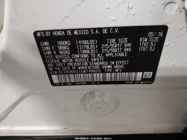 3CZRU6H31GM748626 Honda r18z9