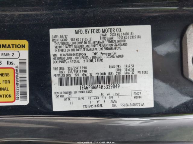 2017 FORD MUSTANG 1FA6P8AM4H5329049 Photo 8