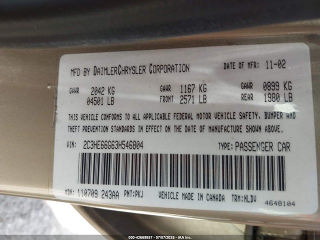 2003 Chrysler 300m მანქანა იყიდება აუქციონზე, vin: 2C3HE66G63H546804, აუქციონის ნომერი: 42669857