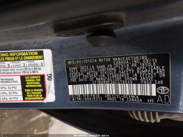 Toyota 2zr-fe 2016 2T1BURHE2GC519049 Image 9