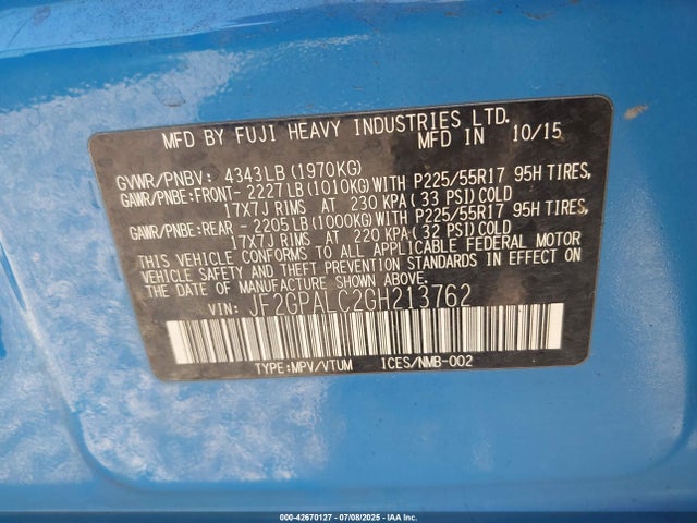 Subaru naturally aspirated 2016 JF2GPALC2GH213762 Image 9