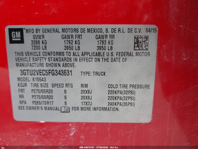 GMC l83 - vvt, active fuel management, aluminum 2015 3GTU2VEC5FG343631 Image 9