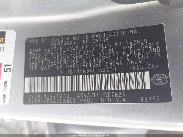 4T1B11HK6KU852250 Toyota a25a-fks