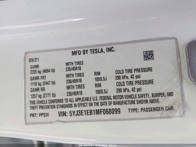 5YJ3E1EB1MF068099 Tesla MODEL 3