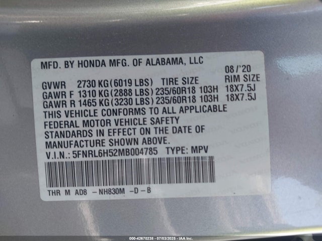 5FNRL6H52MB004785 Honda j35y7