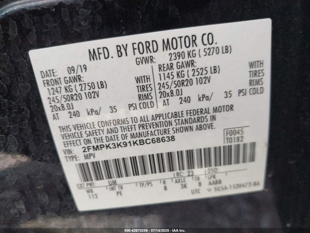 2FMPK3K91KBC68638 Ford 2.0l gtdi w/premium fuel