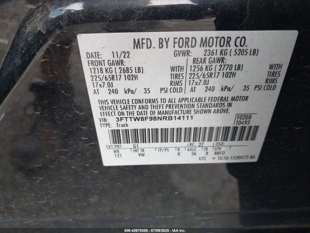3FTTW8F98NRB14111 Ford ecoboost