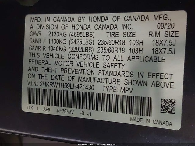 2HKRW1H59LH421430 Honda l15be