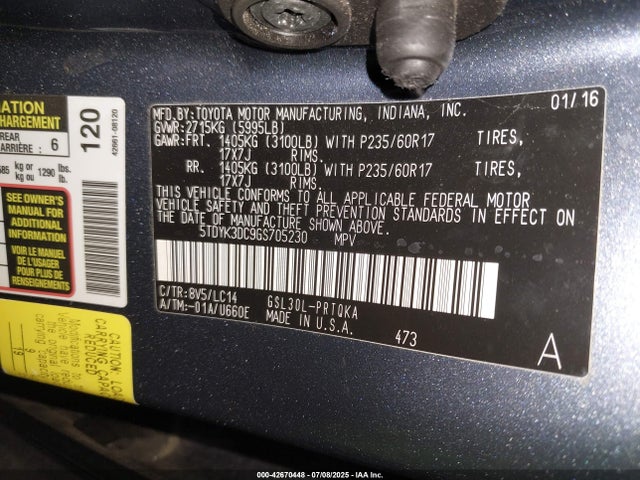 Toyota 2gr-fks 2016 5TDYK3DC9GS705230 Image 9