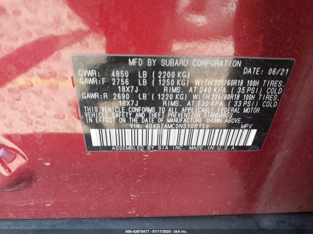 Subaru na, u5 2022 4S4BTAMC0N3108159 Image 9