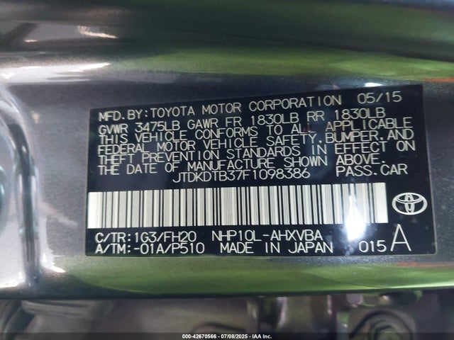 JTDKDTB37F1098386 Toyota 1nz-fxe+1lm